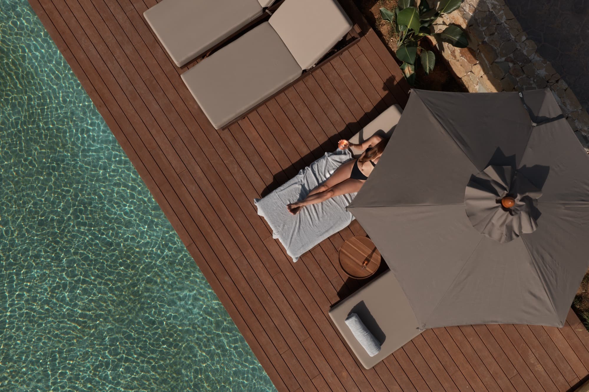 The main pool and beach club at OKU Andalusia looking out to the Mediterranean.